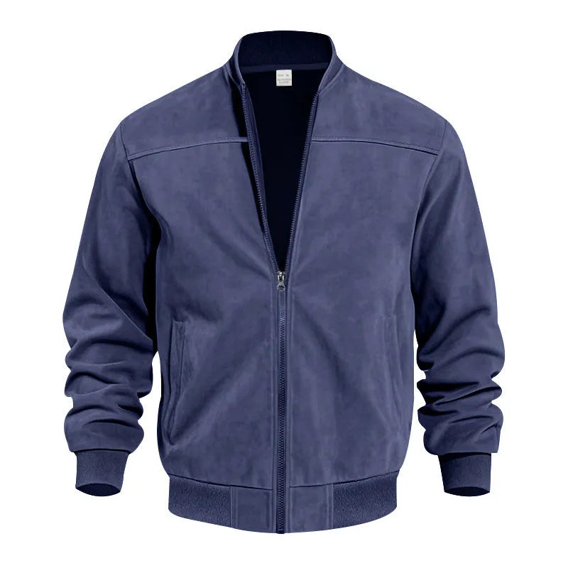 Men's plus size suede casual zip-up jacket in army green on a hanger.