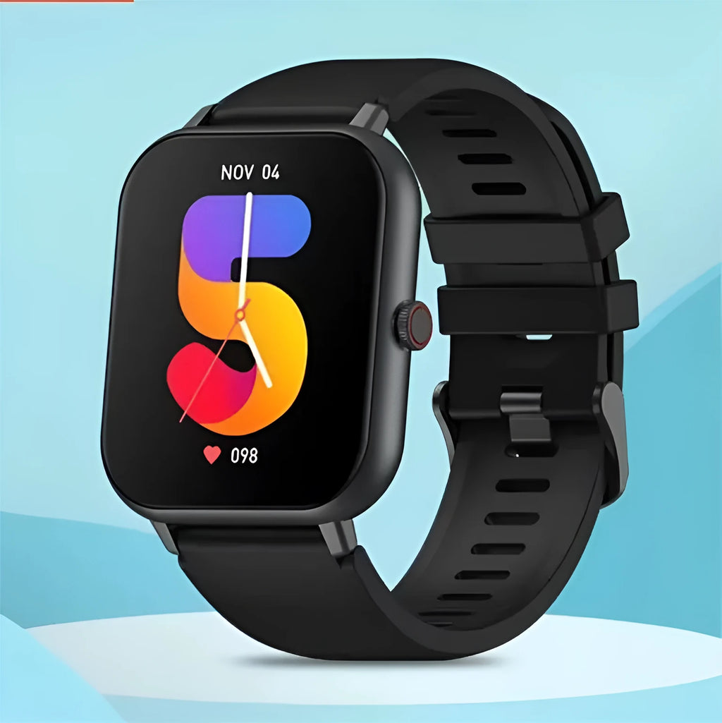 A smart watch with a metal case and wrist strap, showing a TFT screen displaying heart rate data.