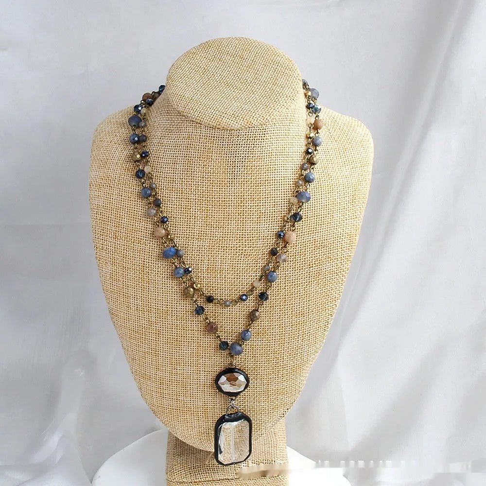 Tribal style two-layer necklace with natural stone and glass pendant on adjustable chain
