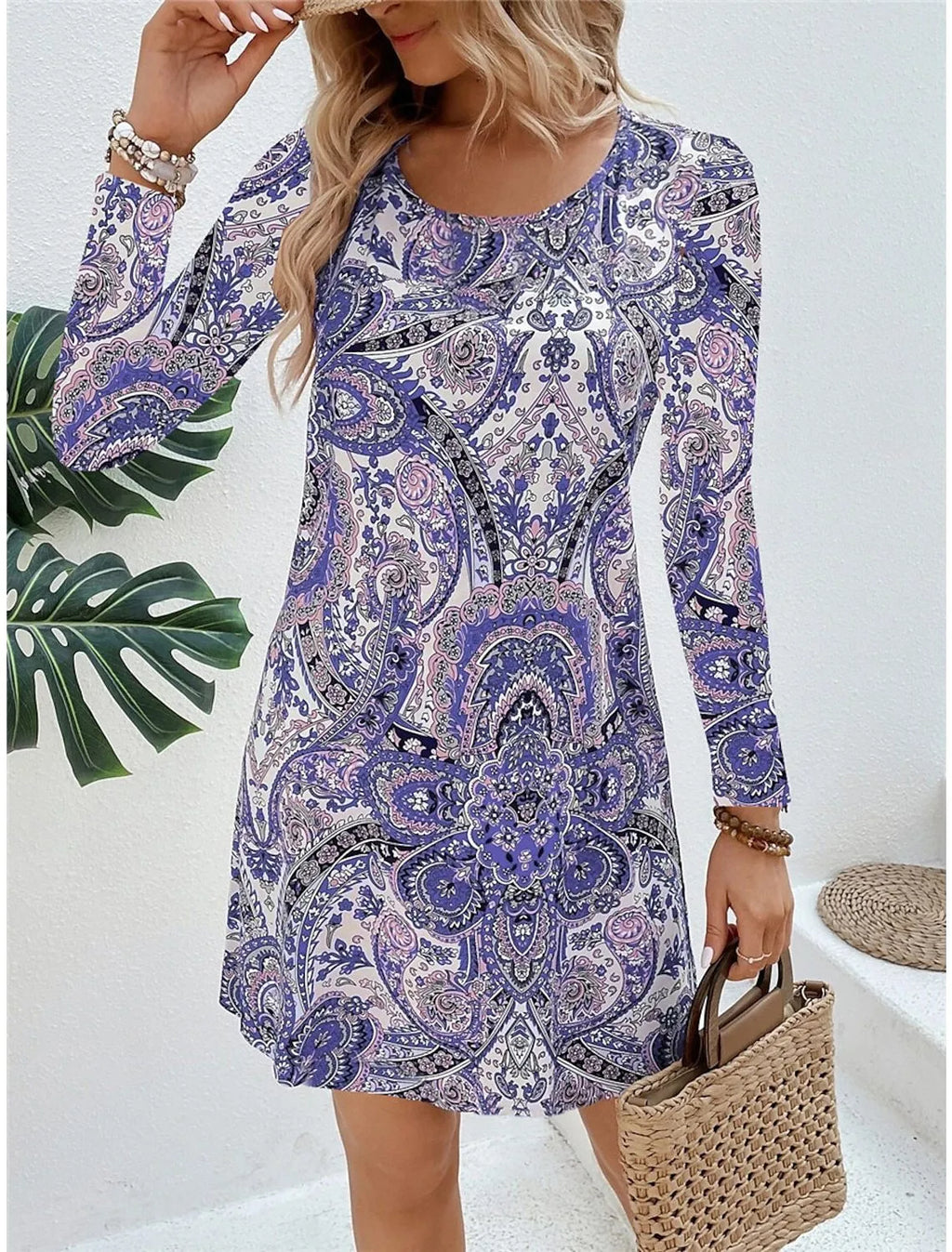 Women's casual paisley print V-neck long sleeve polyester pullover dress in mid-waist style.