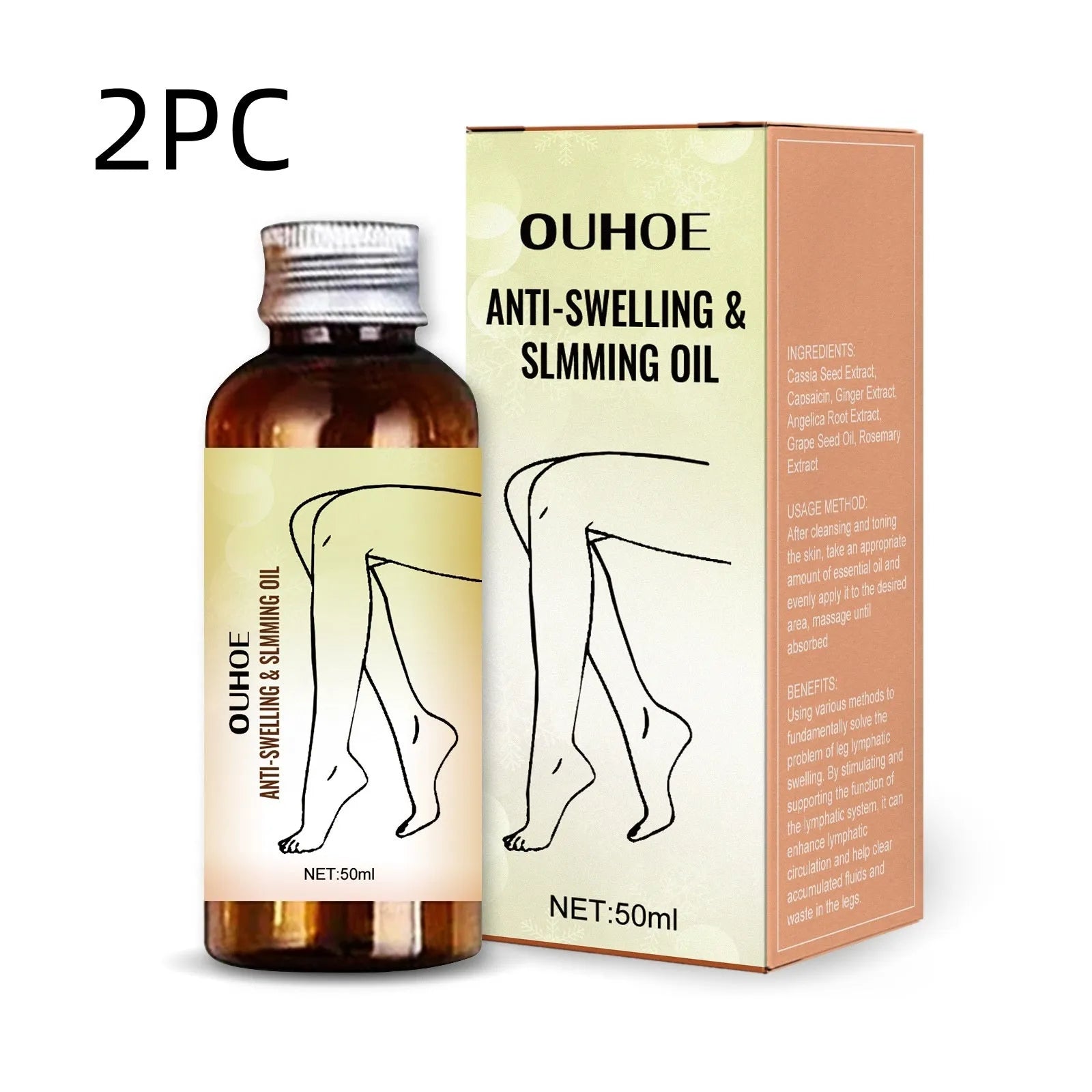 50ml bottle of moisturising body oil with six botanical extracts for skin care and leg massage