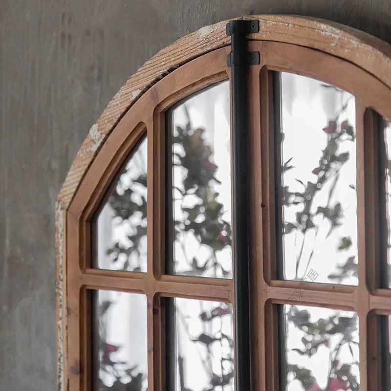 Distressed log-coloured wooden frame fake window wall mirror with single glass pane.