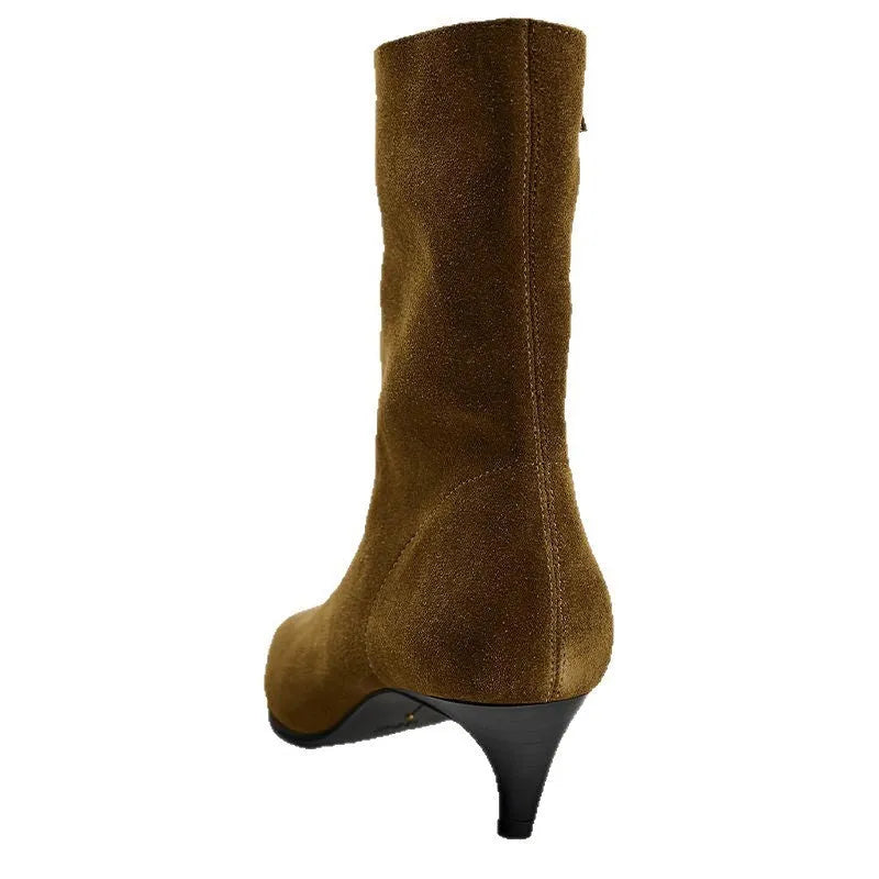 Brown women's square toe ankle boots with a side zipper and a mid stiletto heel on a waterproof platform sole.