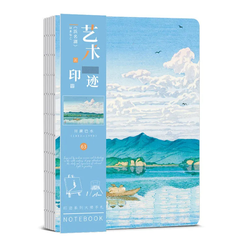 Ukiyo-e art hand ledger notebook showing Kanagawa surfing village retro cover design