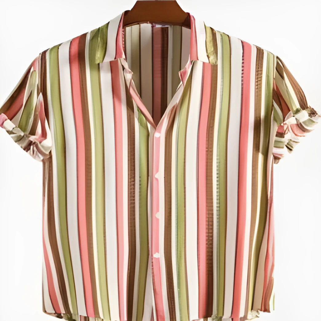 Men's short sleeve digital printed shirt in polyester fabric showing vibrant pattern detail