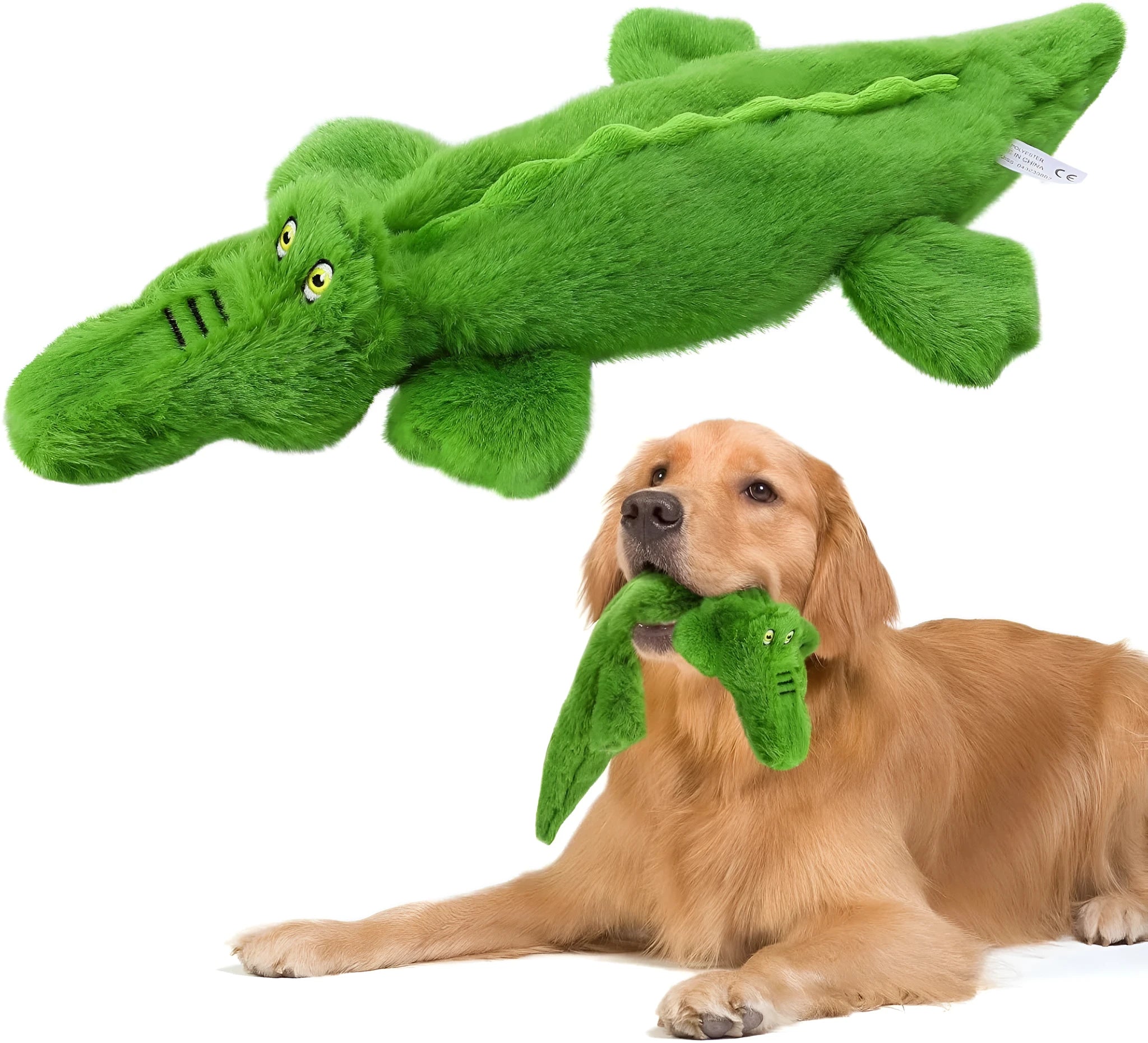 Green crocodile plush dog toy with no stuffing for safe chewing by small and medium dogs