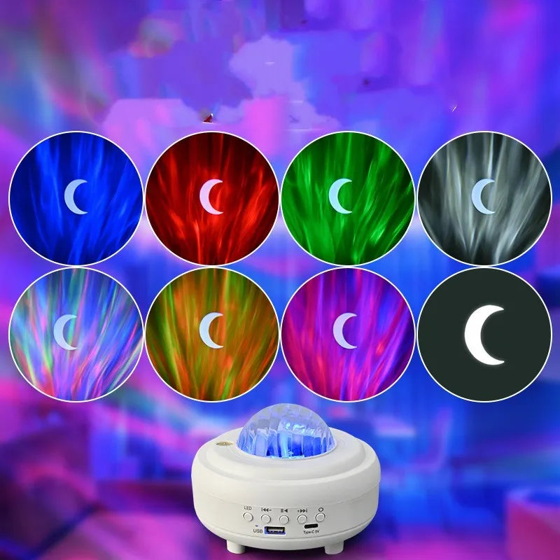 White Galaxy Star Projector Night Light showing star projection on wall next to a smartphone