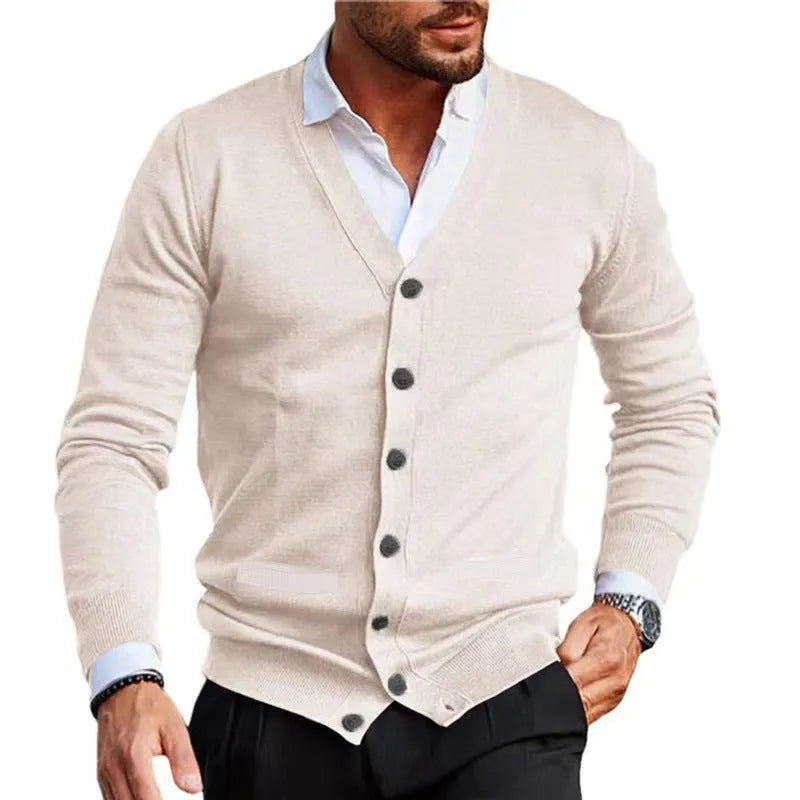 Men's slim fit acrylic cardigan sweater coat in dark gray colour showing long sleeve design