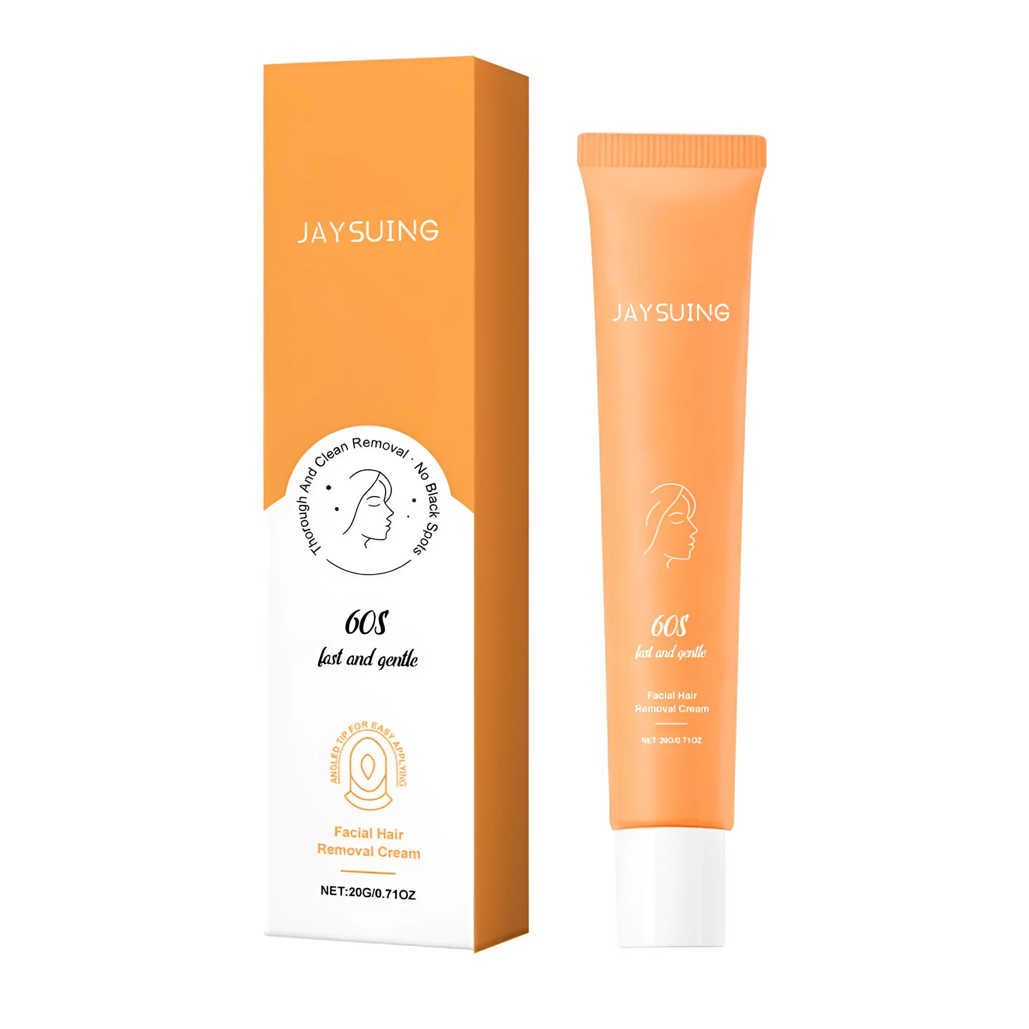 20g tube of facial hair removal cream with aloe and hyaluronic acid on a skincare shelf.