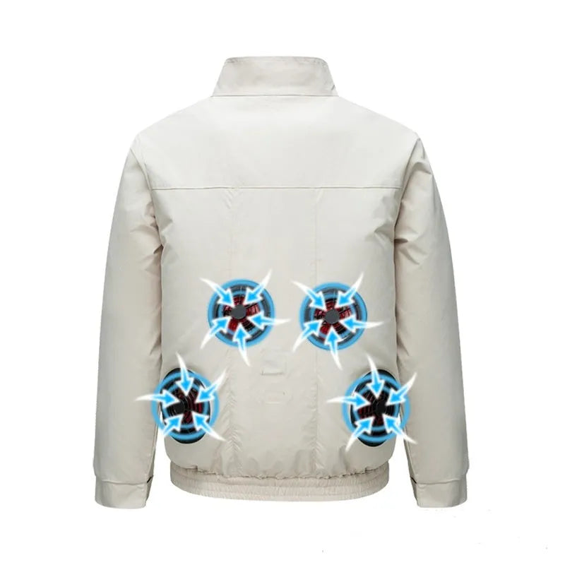 Black smart cooling work jacket with multiple ventilation holes for a personal fan unit.