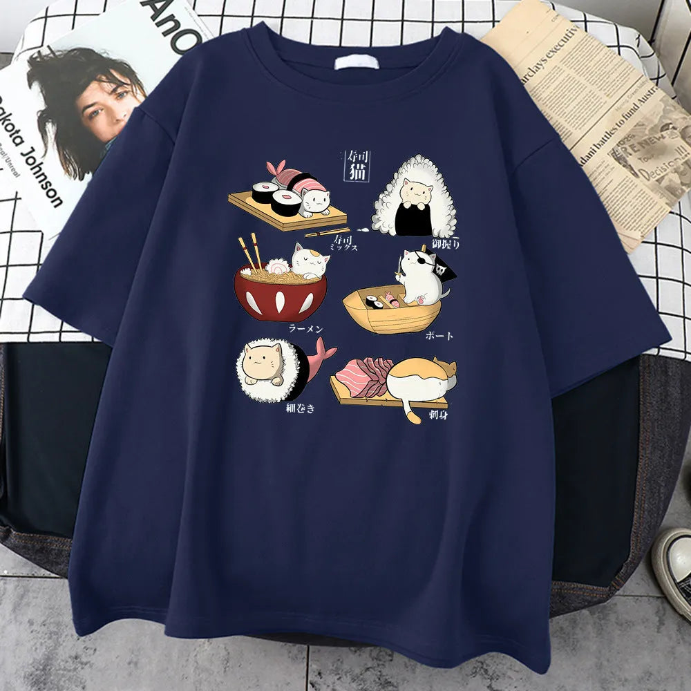 Men's black cotton t-shirt with cute cat sushi cartoon print design, short sleeves, loose fit