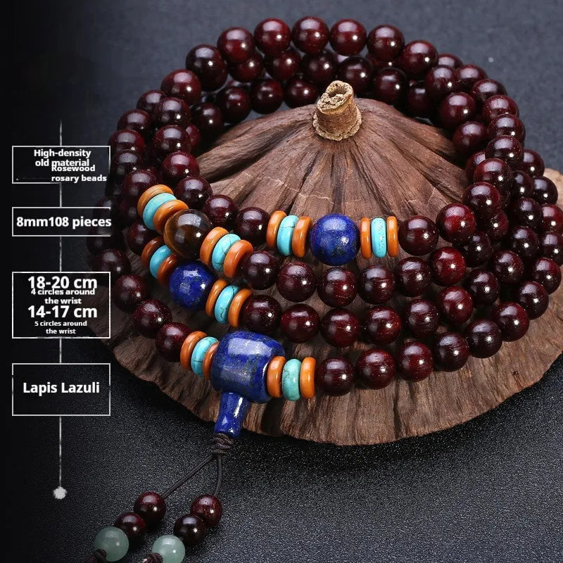 Men's traditional rosewood bracelet with 108 beads, showing lapis lazuli and turquoise accent styles.