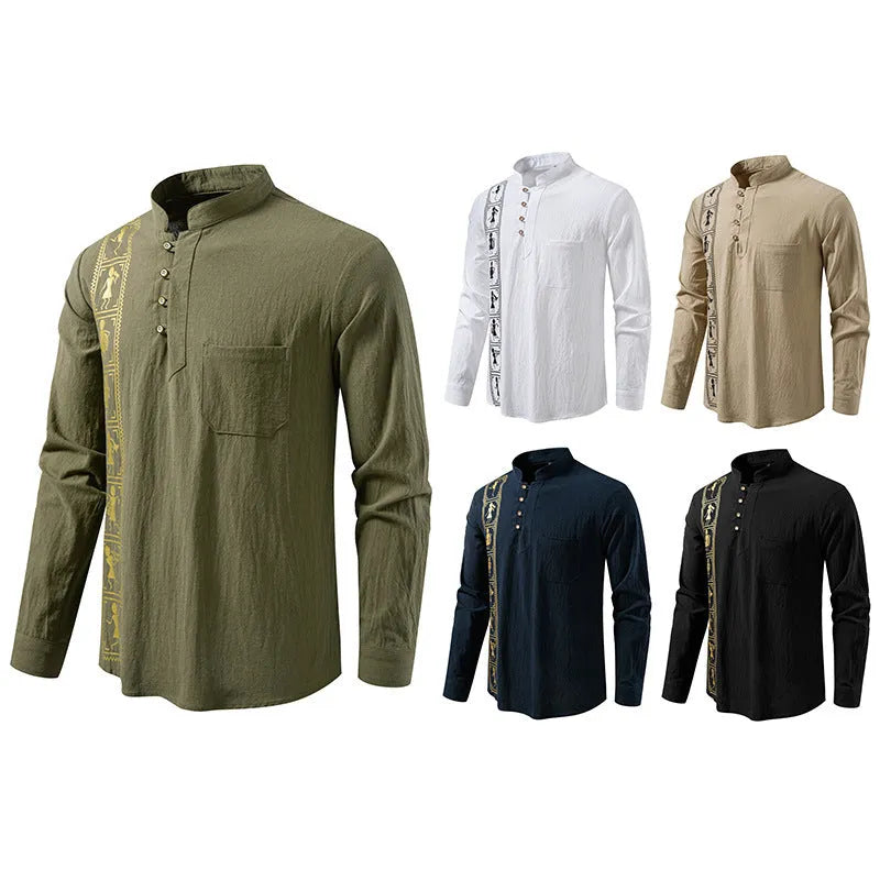 Men's solid colour cotton linen style slim fit pullover shirt in khaki, European sizes S-2XL