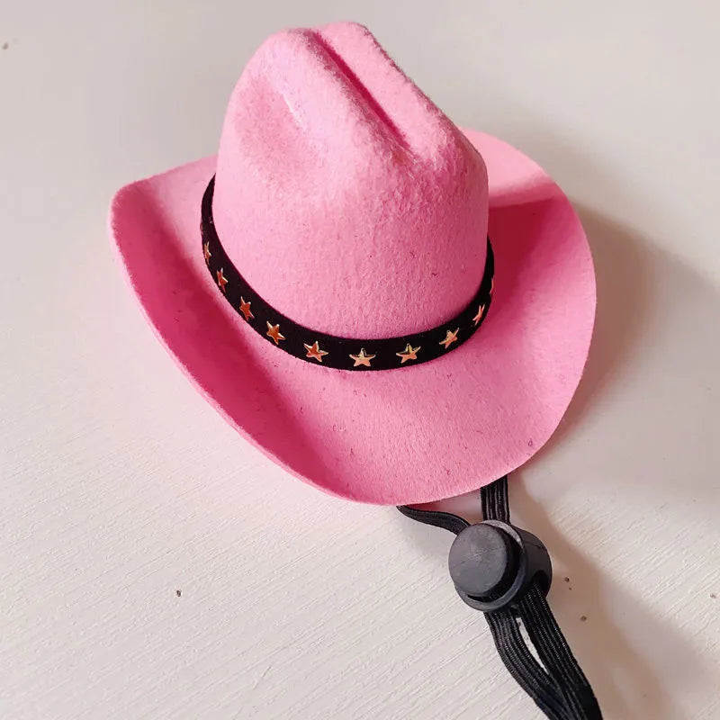 British-style brown cowboy hat for a cat with a black ribbon trim on a white background.
