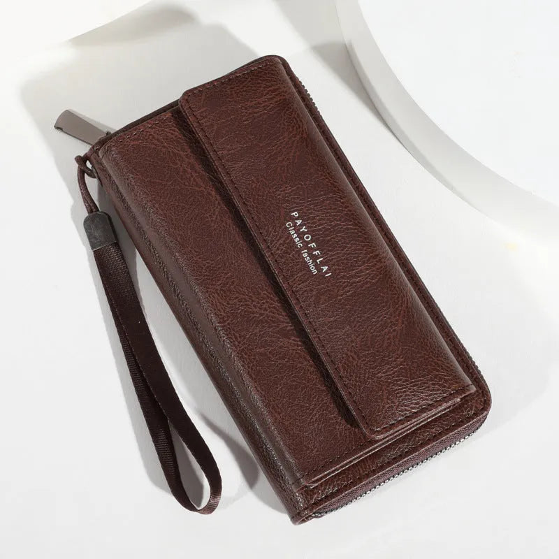Men's black and brown PU wallet showing multiple card slots and cash compartment, closed.