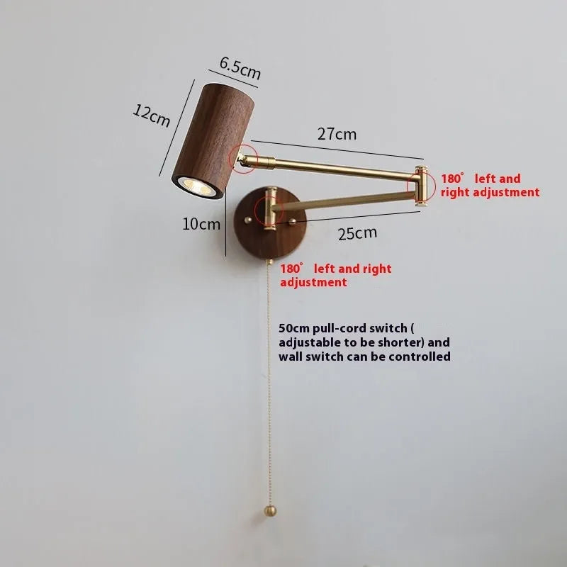 Retro rotating wall lamp with long adjustable arm and integrated switch in walnut wood finish