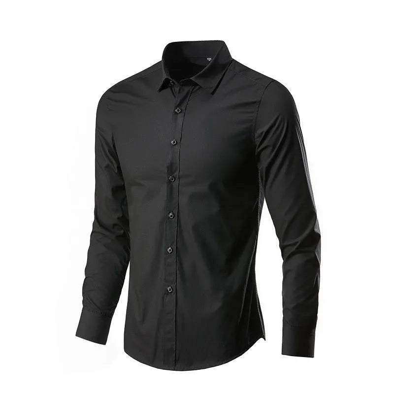 Men's slim fit long-sleeve linen shirt on a hanger, available in multiple colours and sizes up to 5XL.
