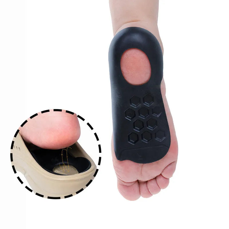 Varus correction arch support insoles in TPR material showing white, black and skin colour options