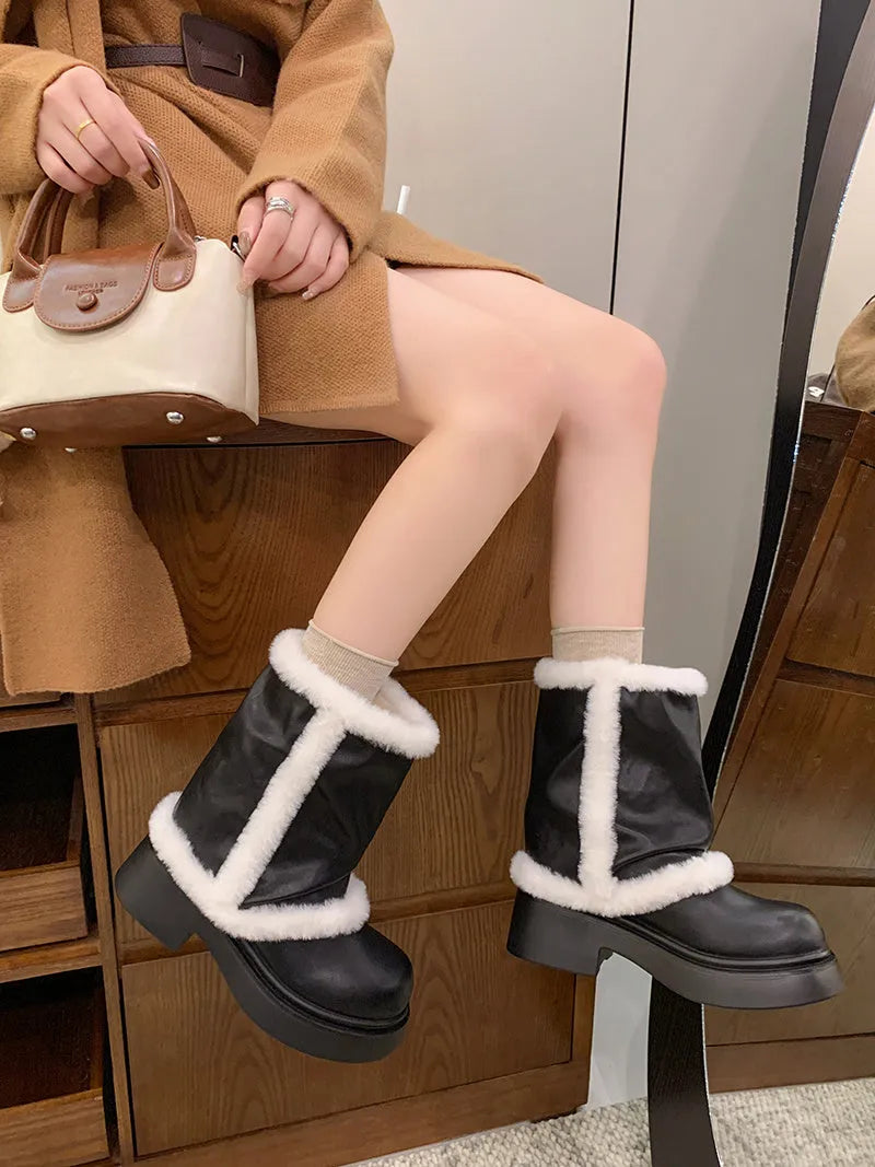 Women's winter faux fur lined short boots with thick sole and plush trim in black