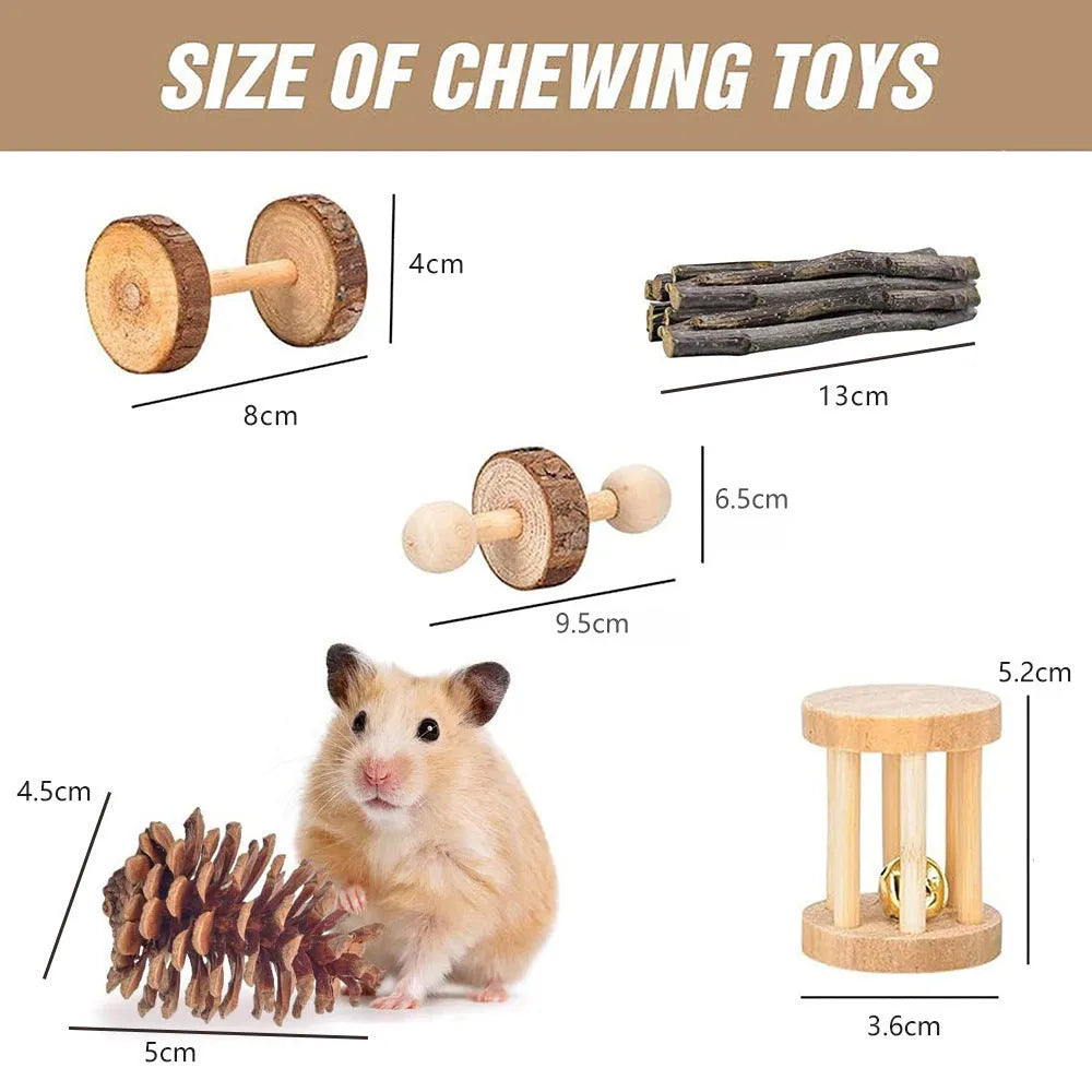 Wooden pet toy bundle sets including gnawing blocks, straw mats, and woven balls for small animals