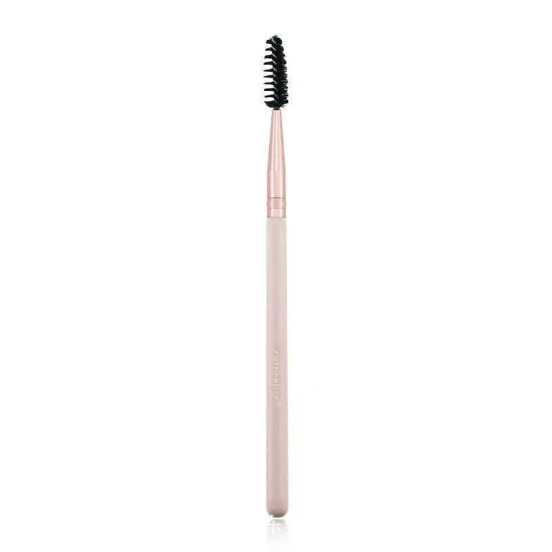 26 pink wooden-handle makeup brushes arranged in a grey PU zip case.
