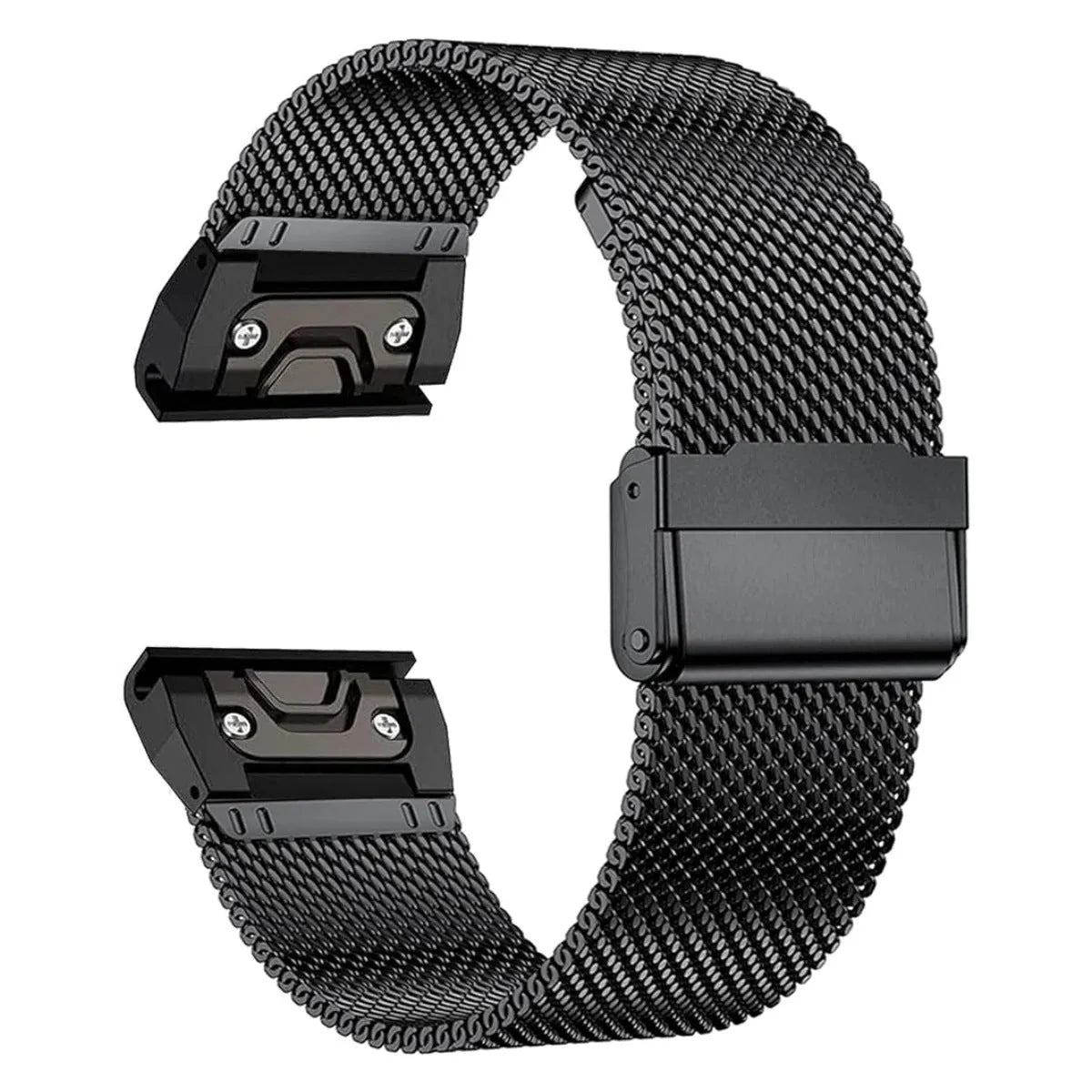 Silver stainless steel smartwatch strap for Garmin Fenix watches, shown next to 20mm, 22mm, 26mm size indicators.