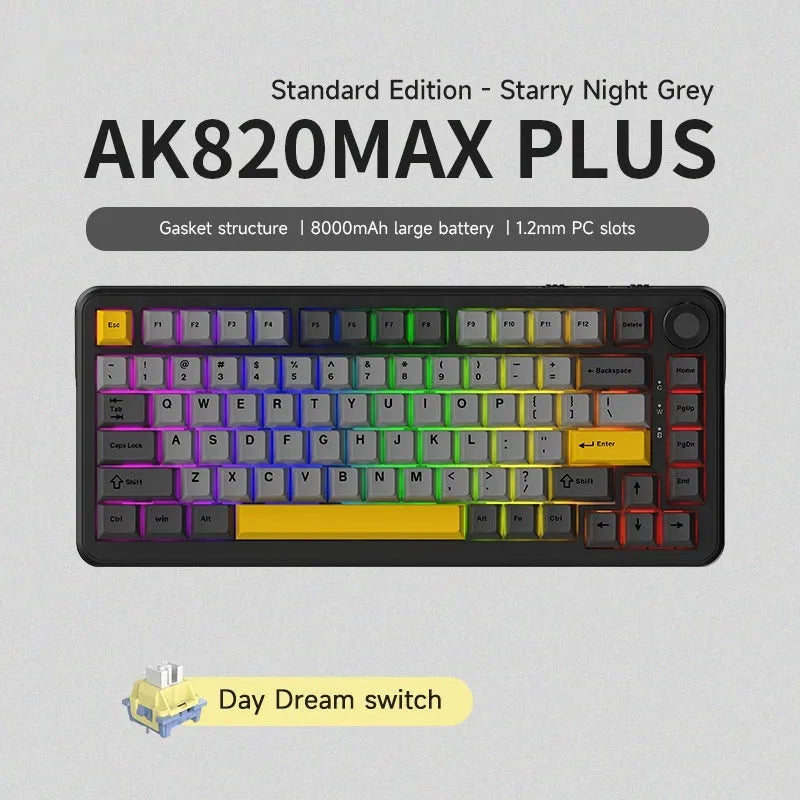 Three-mode wireless mechanical keyboard with hot-swappable switches in black, grey and yellow colour scheme