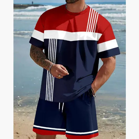 Men's loose-fit polyester short-sleeved T-shirt and matching shorts leisure set in summer colours