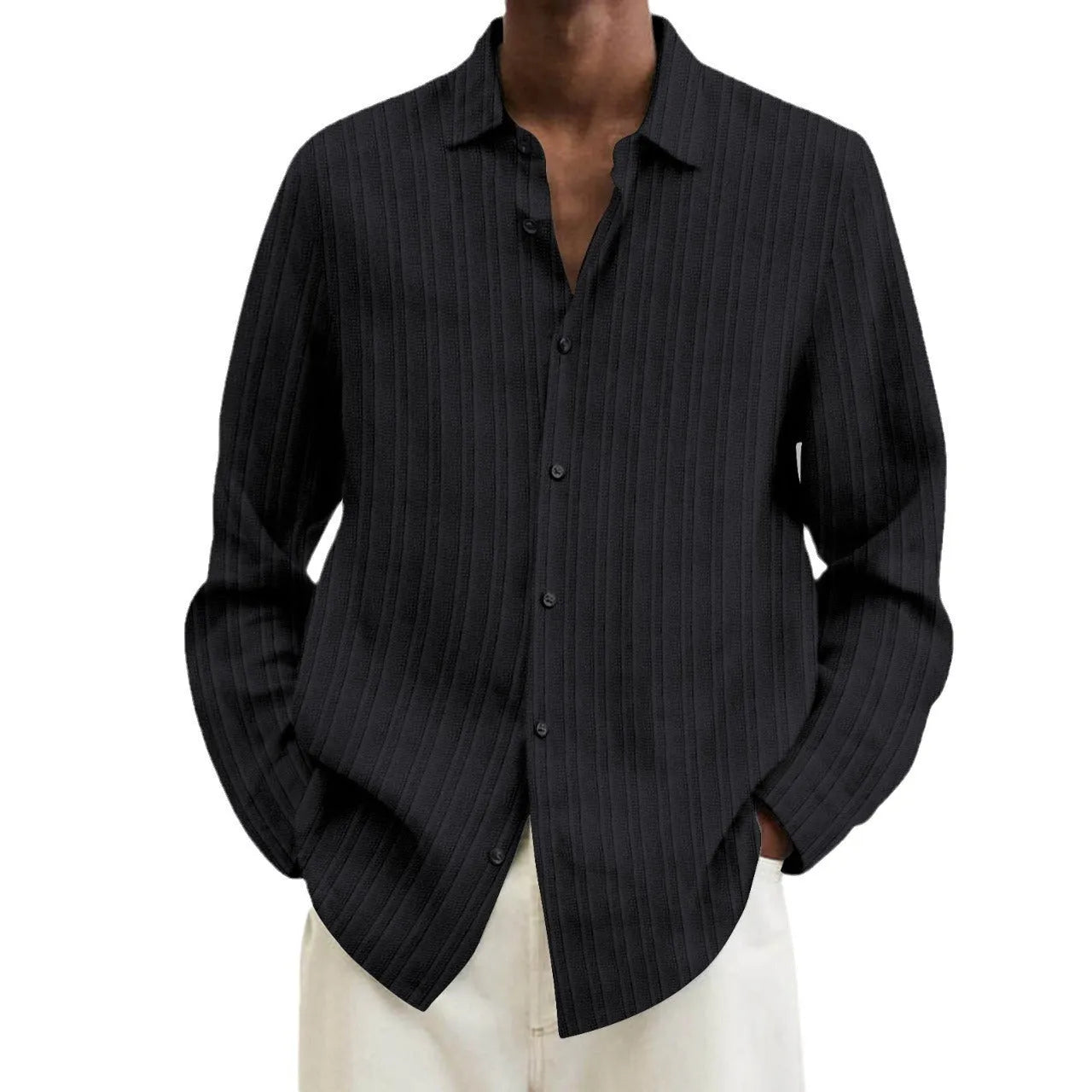 British style loose fit men's cardigan with long sleeves and a striped 3D pattern.