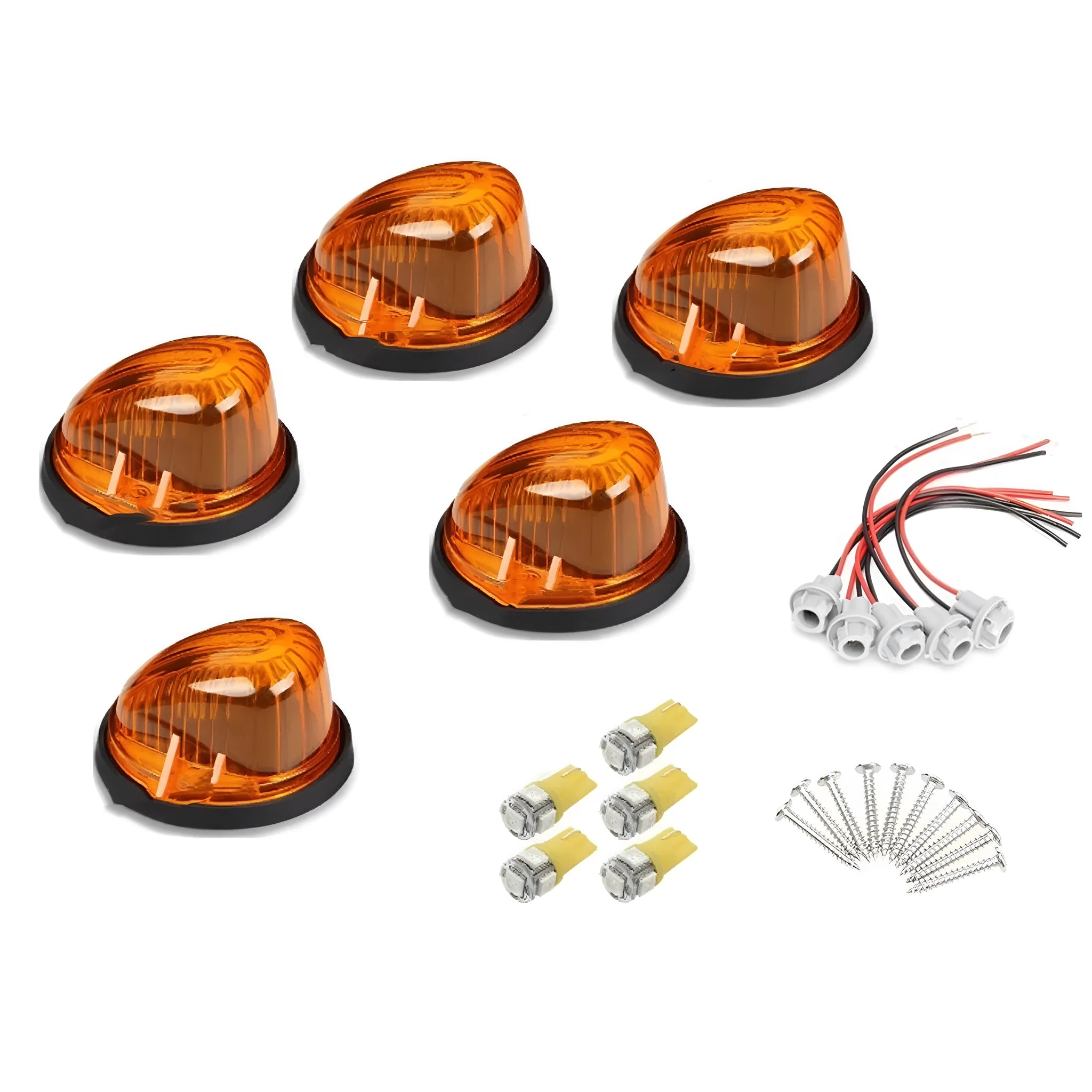 Five cab roof marker light assemblies with yellow lenses, bases, T10 LED bulbs, screws, and wire sockets for commercial vehicle installation