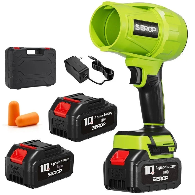 Storm Machine industrial-grade strong hair dryer with bare-metal body and 700g thrust, shown with Makita batteries and charger