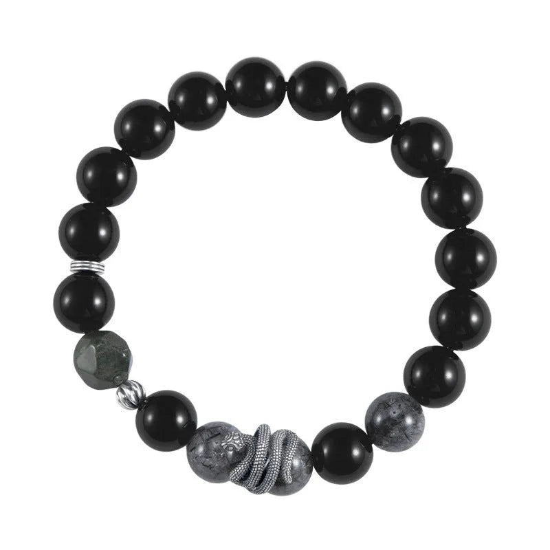 S925 sterling silver bracelet with black electroplated finish featuring obsidian and snake zodiac design