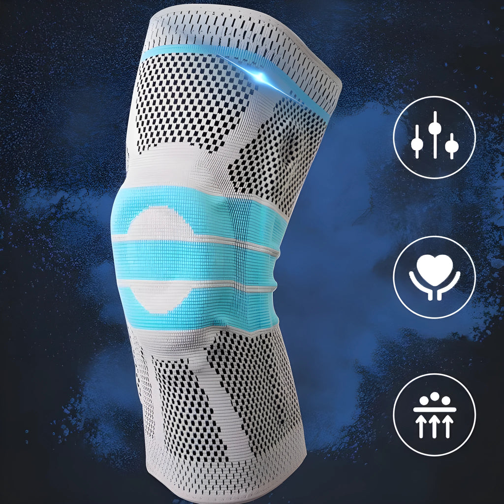 Sky blue elastic knee pads with silicone grip for sports support.
