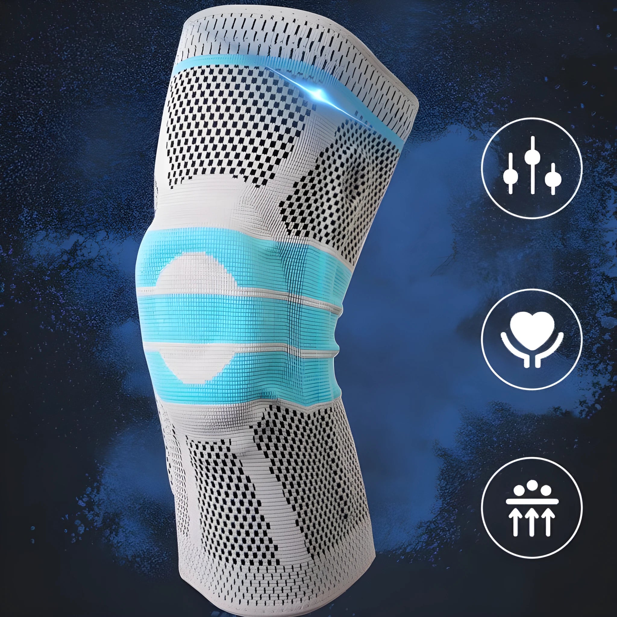 Sky blue elastic knee pads with silicone grip for sports support.