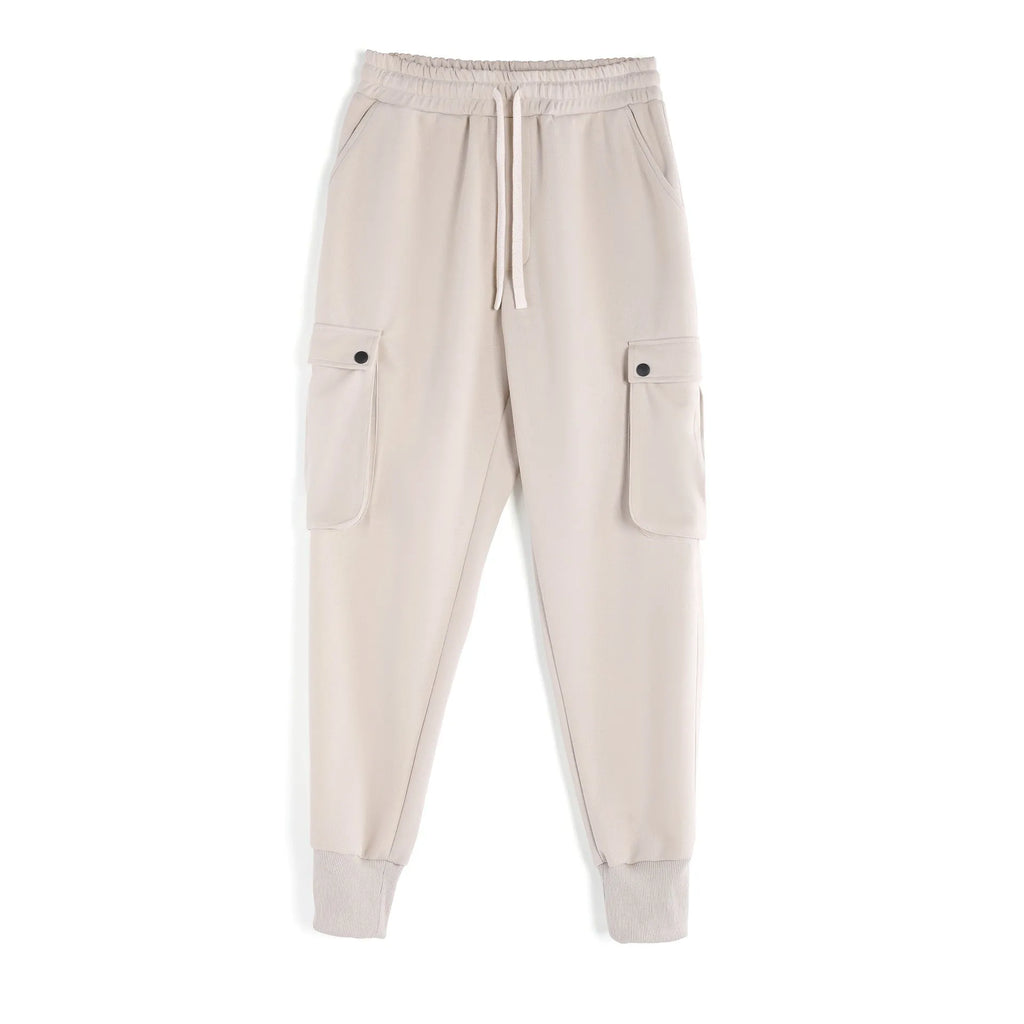 Men's loose cotton sports trousers with ankle ties and multiple pockets in various colour options