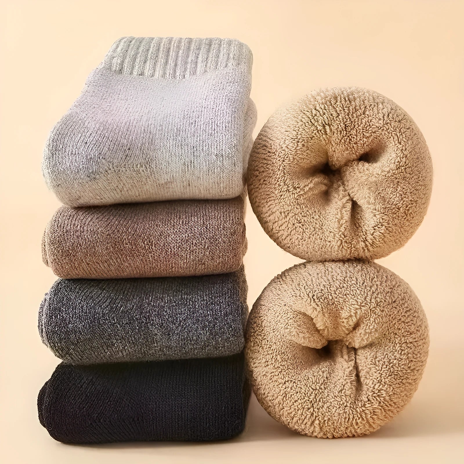 Winter wool socks with thick merino midsole in four solid colour options showing packaging
