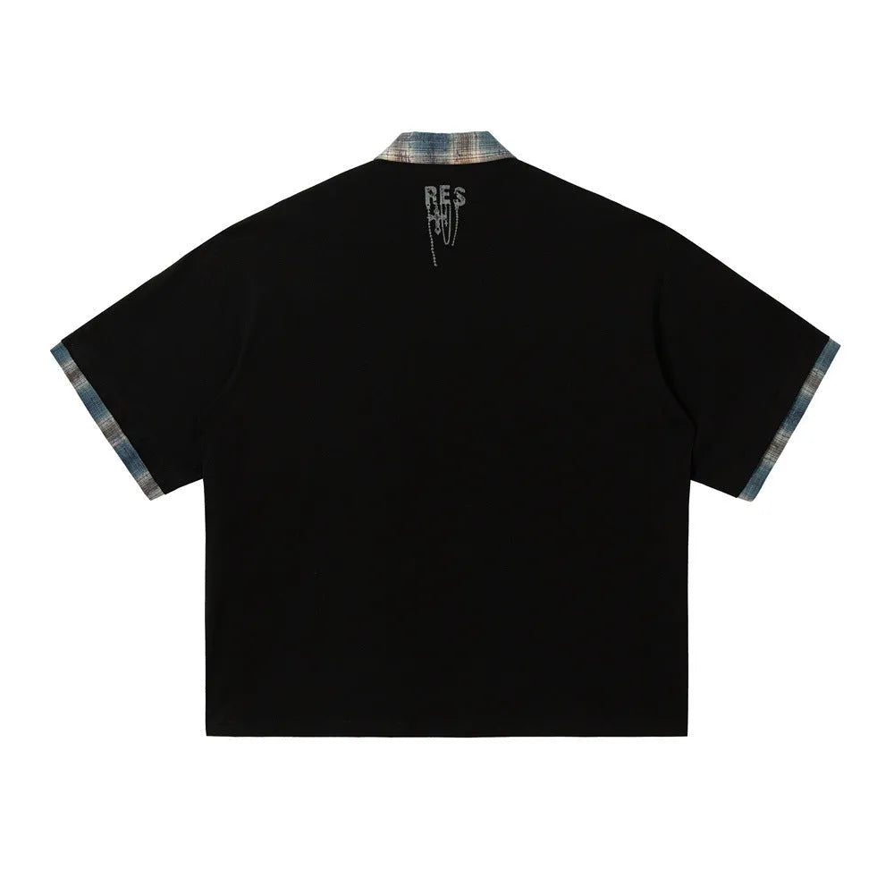 Men's cotton streetwear top with asymmetric lapel graffiti printing in loose fit