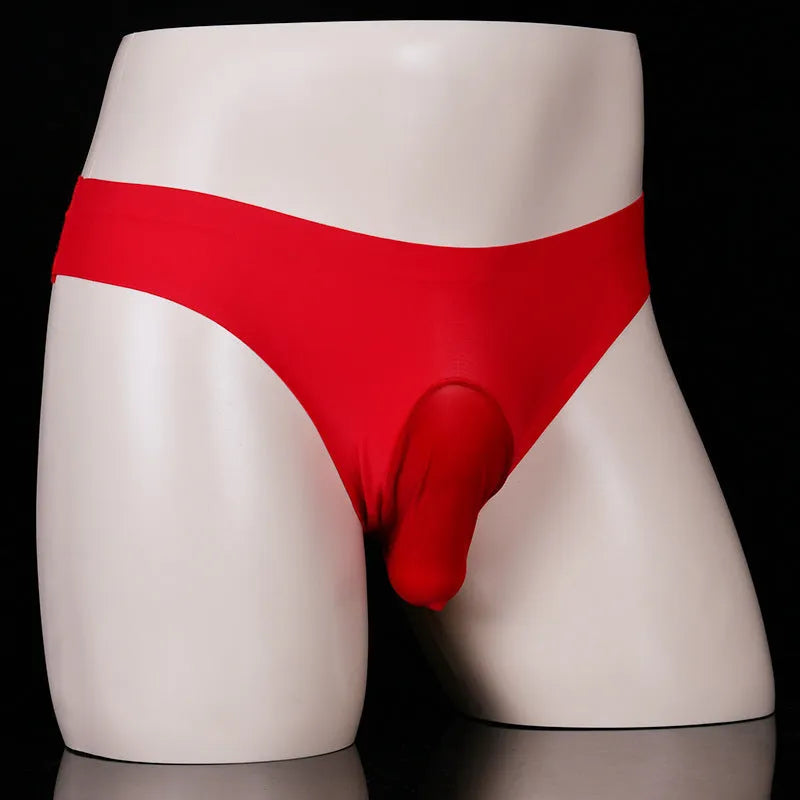 Men's ice silk underwear briefs in black showing open gun pouch style and low waist design