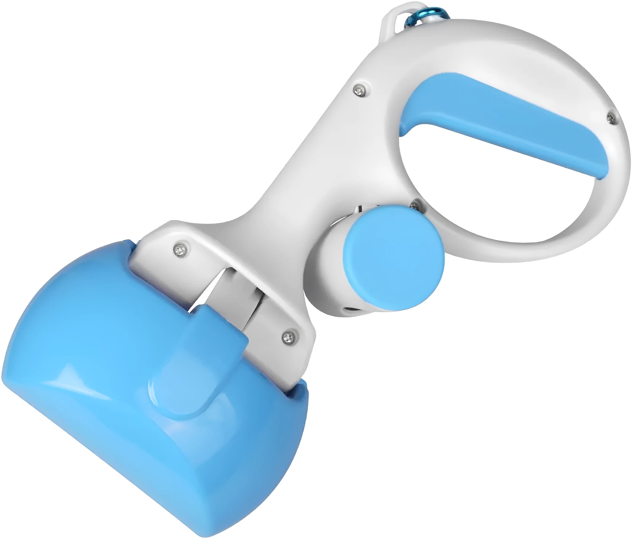 A blue plastic pet pooper scooper with a built-in holder for a roll of waste bags.