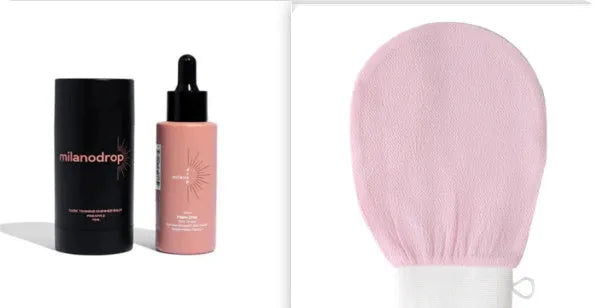 Matte self-tanning liquid set showing 50ml tanning drops bottle and 75ml tanning flash cream tube