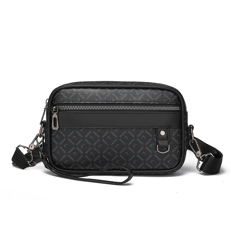 Men's black geometric pattern PU messenger bag with a shoulder strap, shown horizontally.