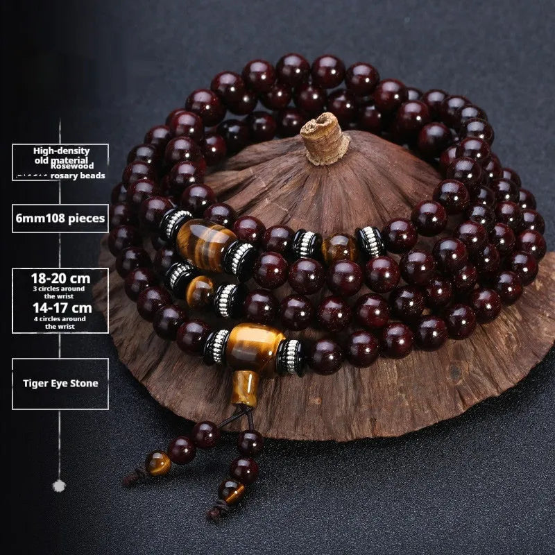 Men's traditional rosewood bracelet with 108 beads, showing lapis lazuli and turquoise accent styles.