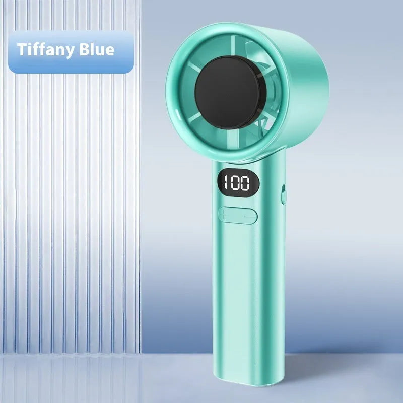 Handheld fan with variable speed control showing green colour option and USB charging port