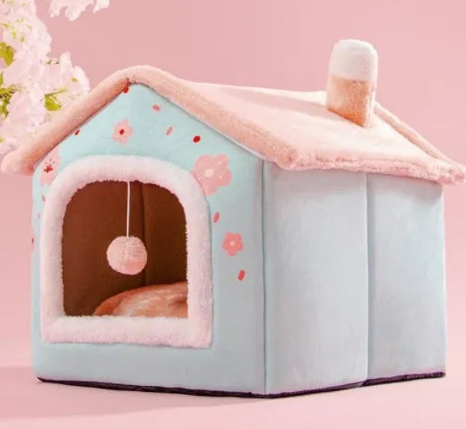 Foldable dog house pet cat bed in cave style with self-warming plush fur and non-slip bottom, available in multiple colours and sizes