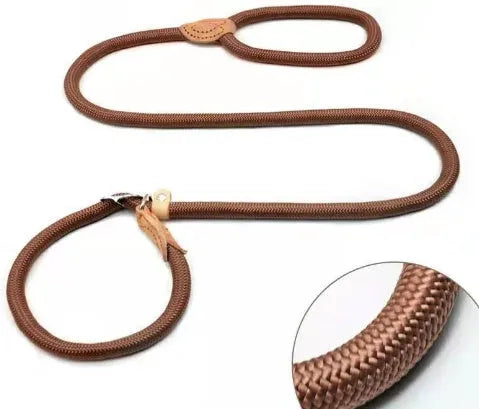 Brown nylon P chain dog leash with hand holding rope section measuring 2.1 metres