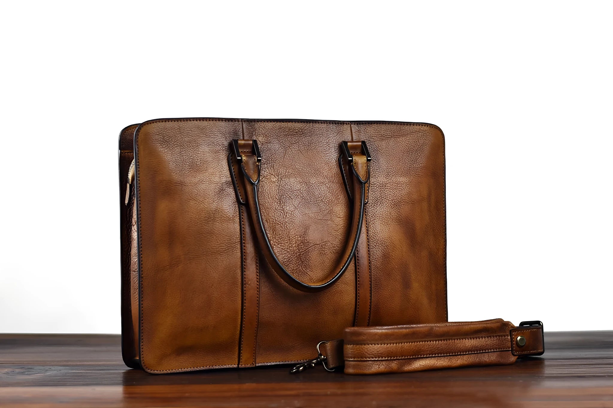 Men's 14-inch horizontal leather business handbag in khaki or black colour