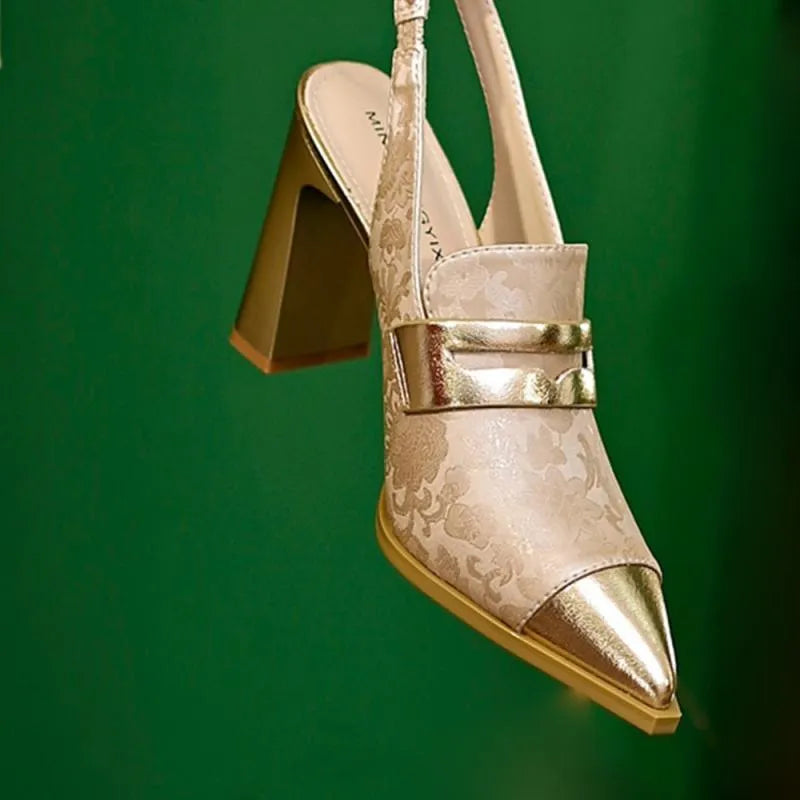 Black Korean style women's sandals with a chunky block heel, pointed toe, and an elastic strap across the instep