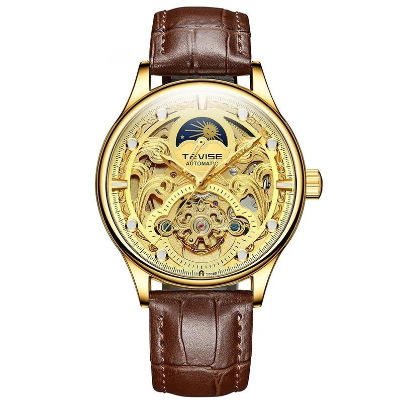 Men's gold and white leather strap automatic waterproof business watch showing 16mm thickness