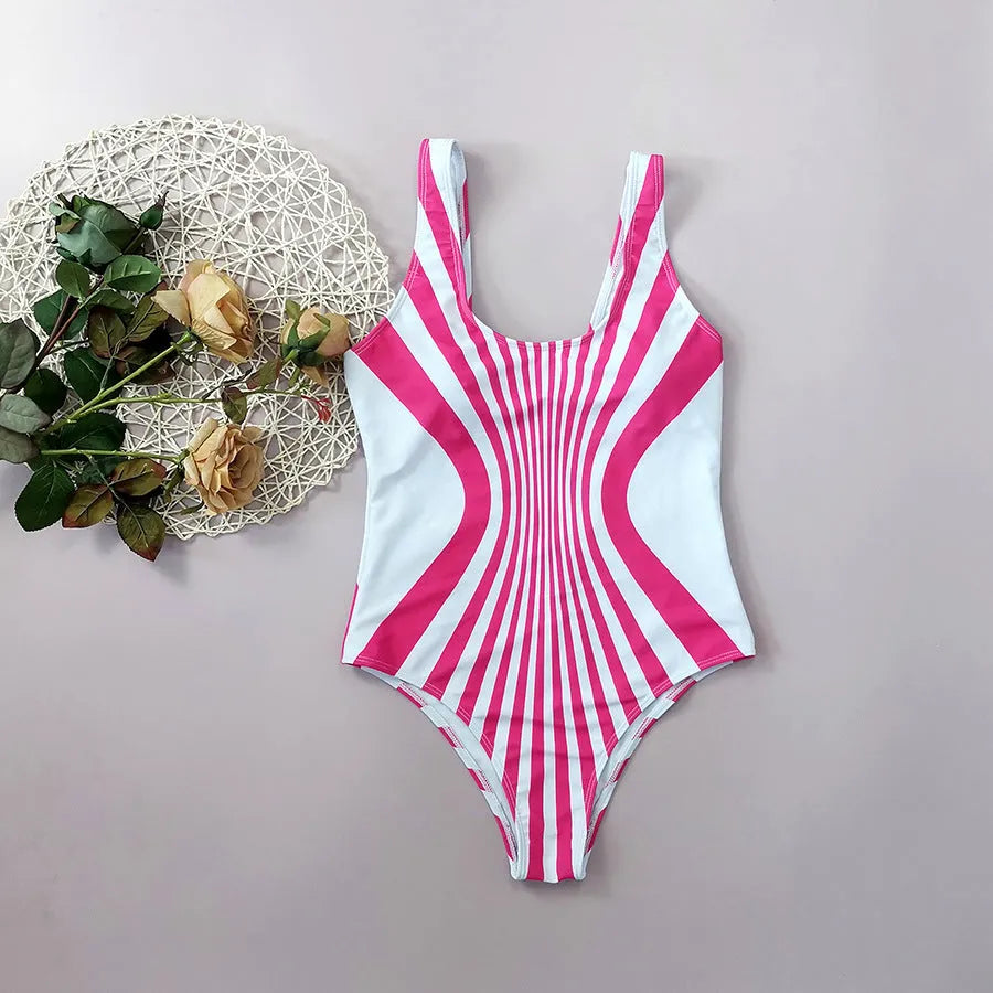 Women's pink striped one-piece swimsuit with digital front and back printing