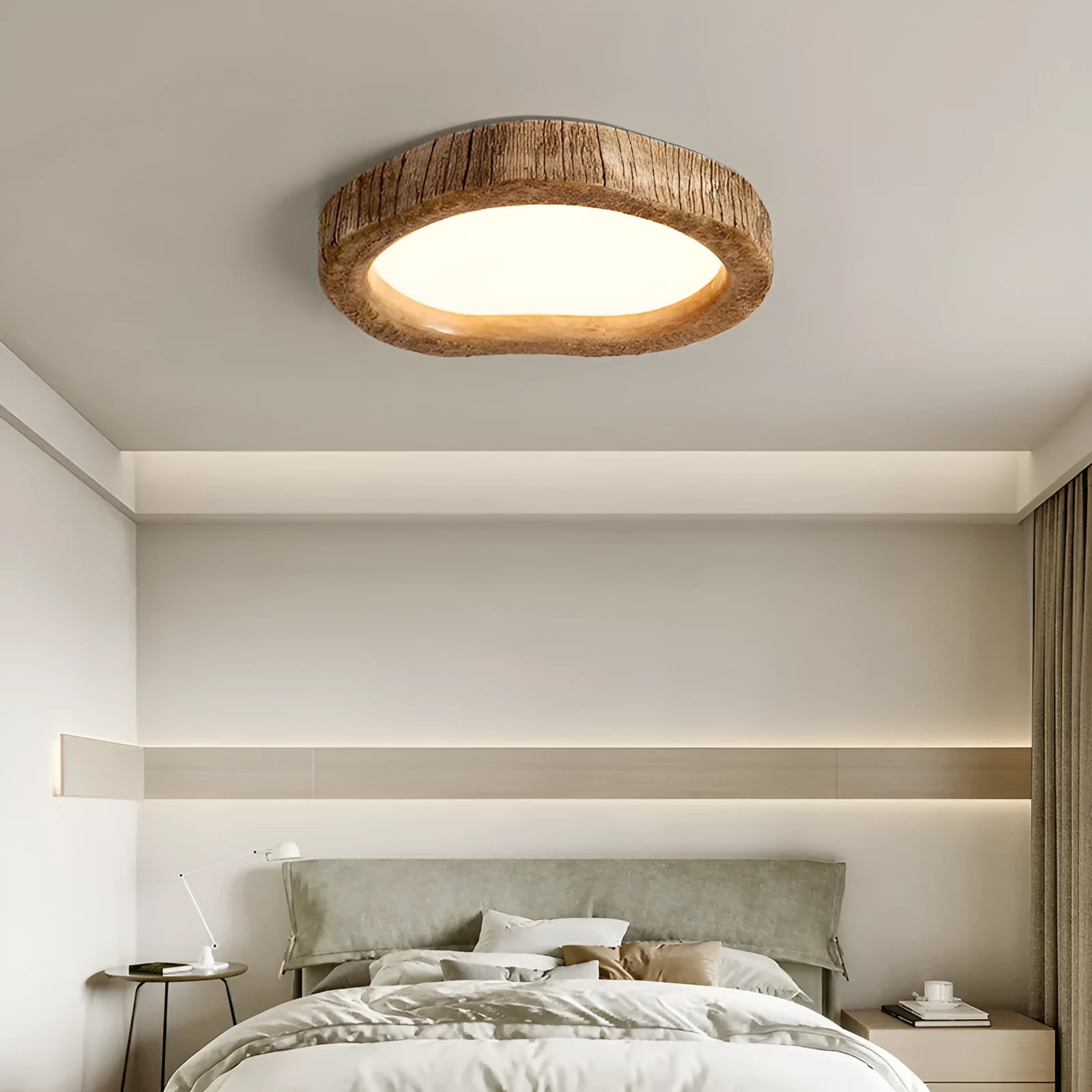 Wood grain finish round ceiling light in new Chinese style, shown in three size options.
